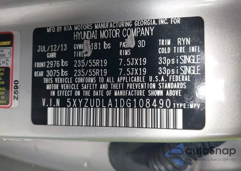 2013 Hyundai Santa Fe Sport 2.0T z USA, uszkodzony, nr VIN 5XYZUDLA1DG108490